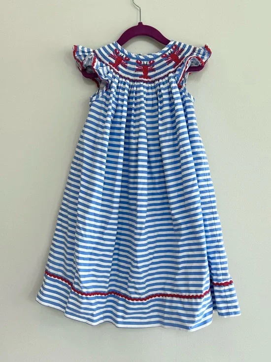 Classic Whimsy Lobster Treasures Smocked Blue Striped Angel Sleeve Dress, 4T - Picture 1 of 7